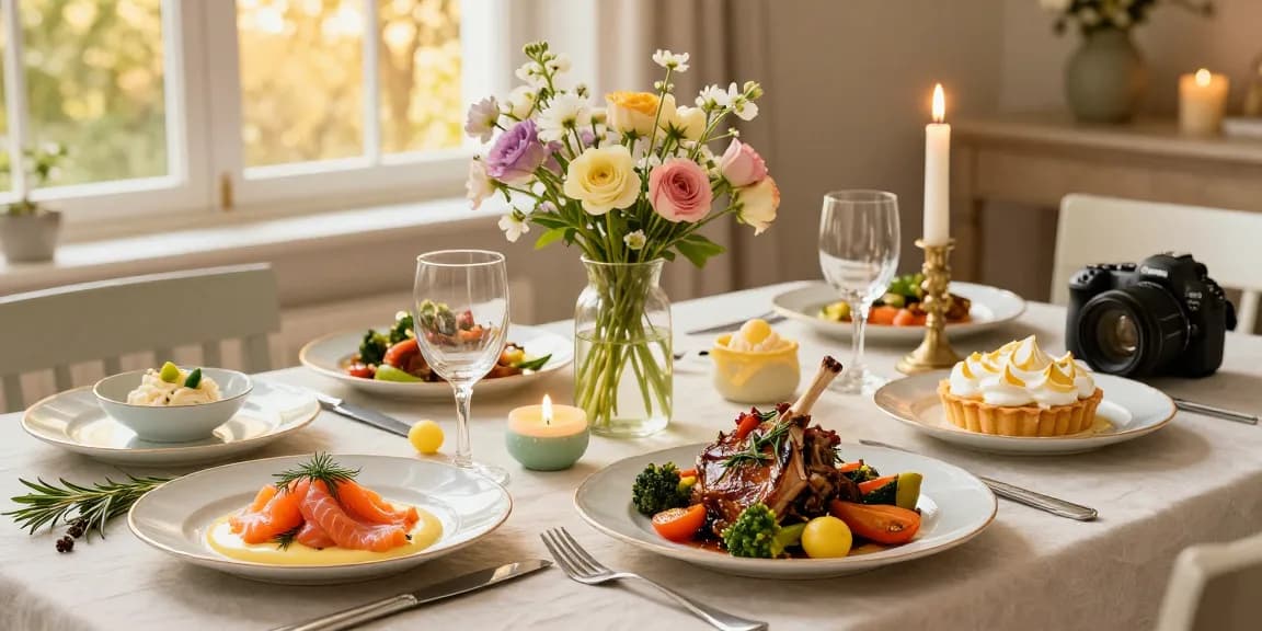 3-rätters påskmiddag med rökt lax, lamm och citronmarängtårta på vackert dukat bord