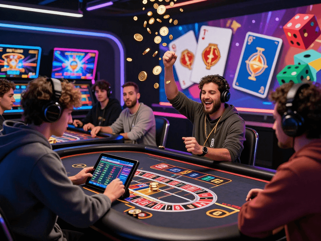 Exciting crypto casino scene with players engaged in virtual roulette, showcasing vibrant digital elements and a celebratory atmosphere.