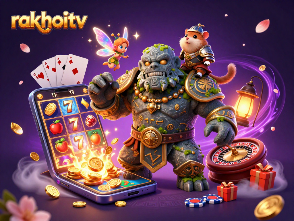 Experience the magic of rakhoitv as a golem guardian comes alive amidst vibrant casino elements.