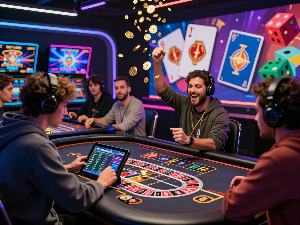 Exciting crypto casino scene with players engaged in virtual roulette, showcasing vibrant digital elements and a celebratory atmosphere.