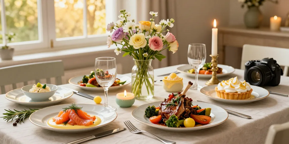 3-rätters påskmiddag med rökt lax, lamm och citronmarängtårta på vackert dukat bord