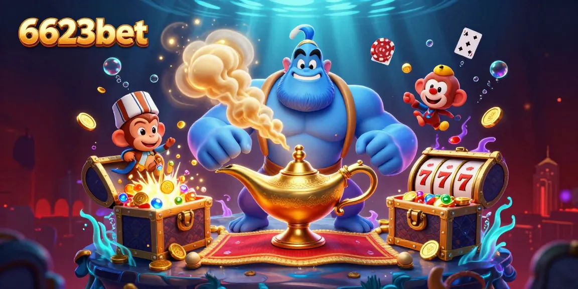 Experience the thrilling 6623bet action with a genie, poker chips, and vibrant casino magic.