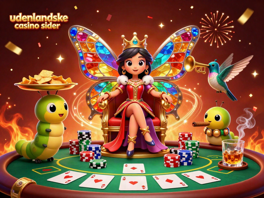 Experience the vibrant world of udenlandske casino sider with a whimsical butterfly queen and poker elements.