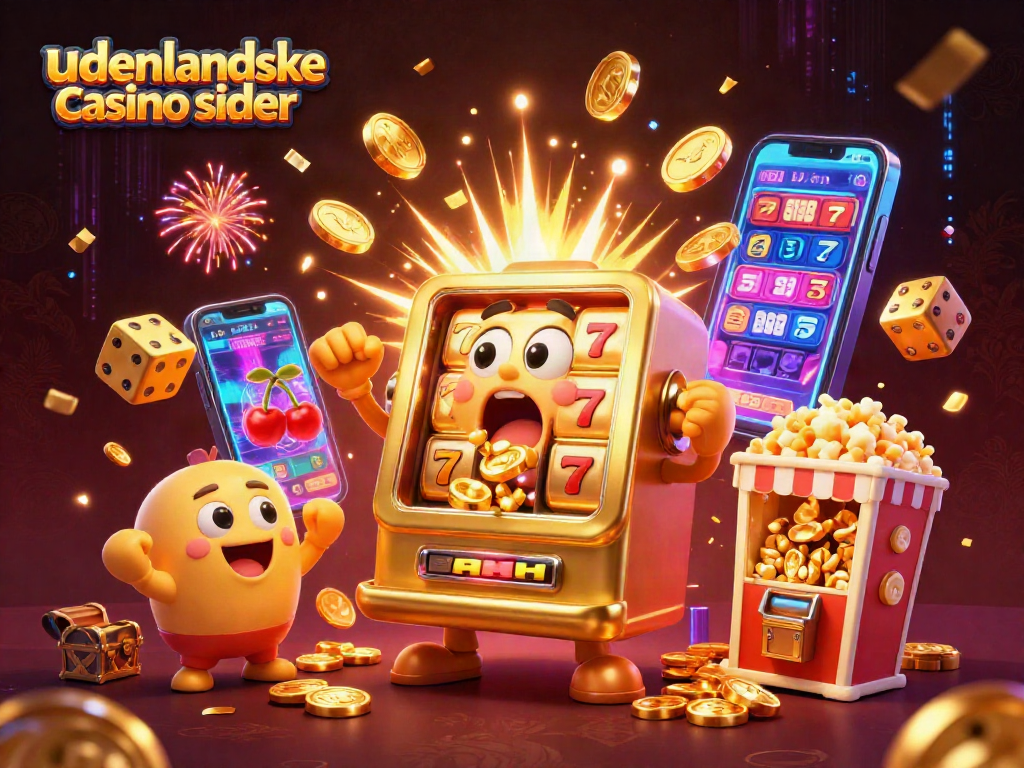 Experience the thrill of udenlandske casino sider as a joyful slot machine wins a jackpot in a vibrant 3D scene.