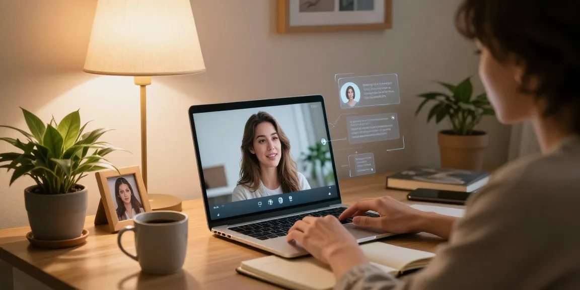 Engaging interaction with girlfriend AI in a cozy home office setting, showcasing virtual relationship elements.