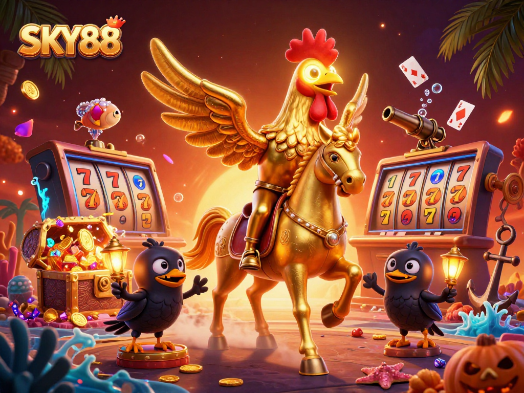 Experience winning at SKY88 with vibrant 3D casino action featuring dynamic characters and game elements.