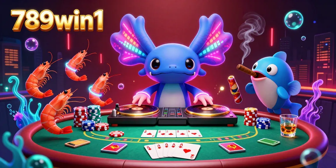 Experience the excitement of 789win1 with a vibrant underwater casino scene featuring a DJ axolotl!