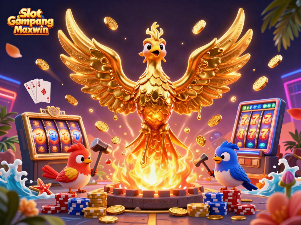 Experience Slot Gampang Maxwin through captivating 3D casino art featuring a molten gold phoenix and dynamic gaming elements.