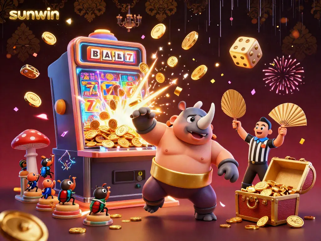 Experience thrilling casino gaming action with sunwin's captivating 3D beetle scene featuring a fierce champion and jackpot explosions.