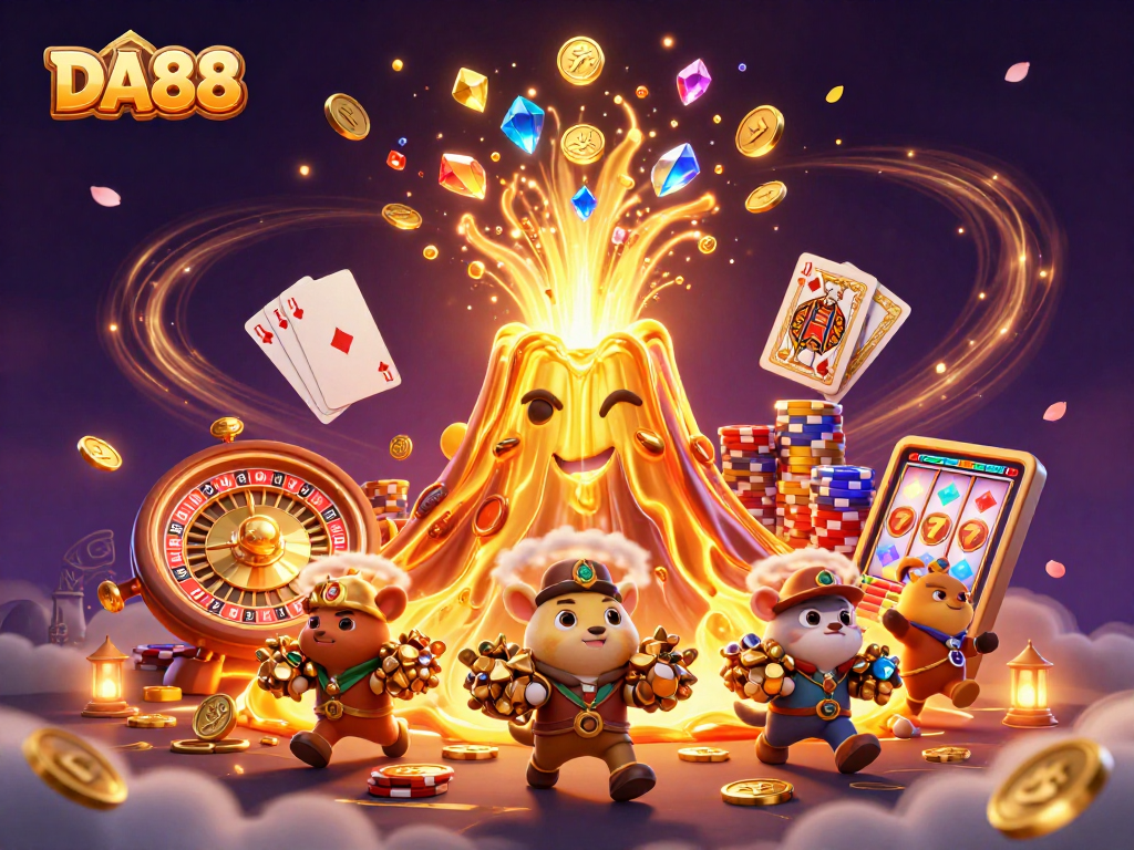 DA88 enhances excitement with a golden volcano, coins, and vibrant casino elements in a thrilling scene.