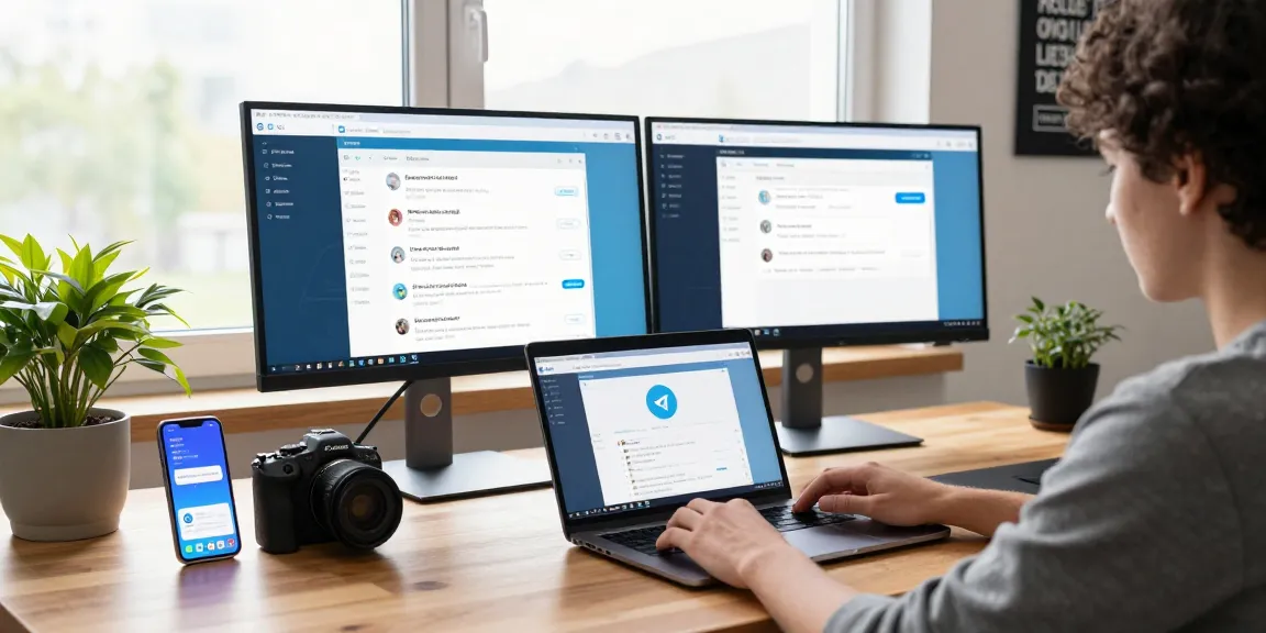 Accessing the Telegram web version on a laptop in a modern workspace with tech gadgets.