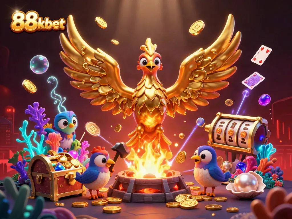 Experience thrilling wins with the vibrant 88kbet golden phoenix amidst casino treasures.