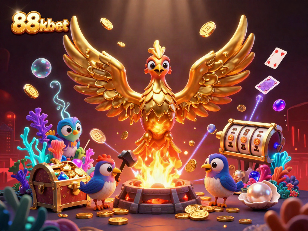 Experience thrilling wins with the vibrant 88kbet golden phoenix amidst casino treasures.