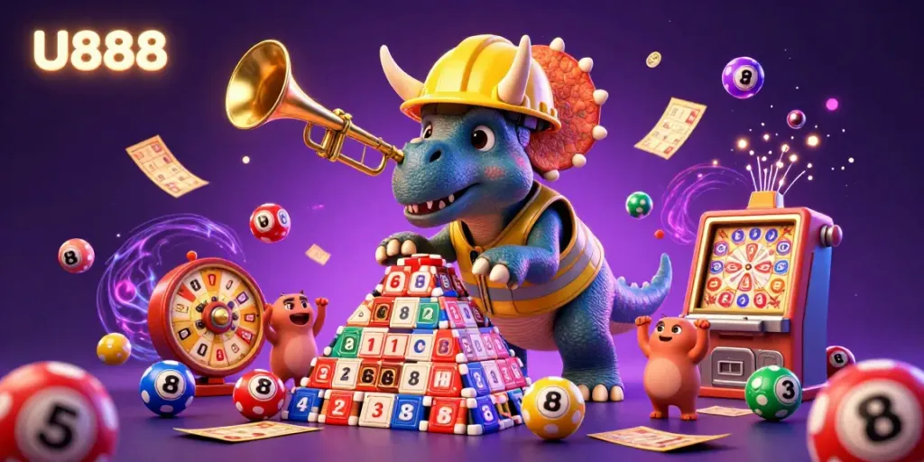 Experience the excitement of U888 with a vibrant 3D casino scene featuring animated characters and dynamic gaming elements.