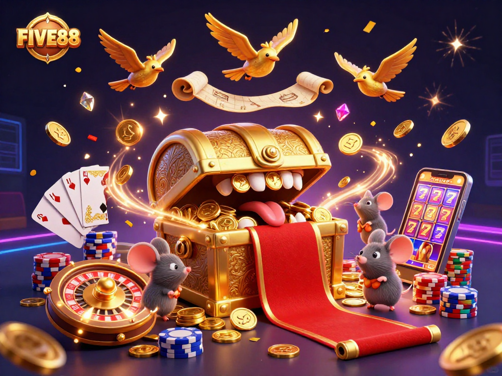Experience BIG wins with FIVE88, featuring exciting treasure chest scene and dazzling casino elements!