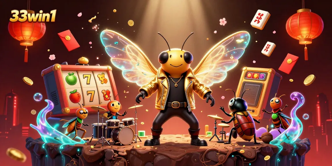 Engage in thrilling gameplay with 33win1 as a rock star cicada and vibrant slot reels spark excitement.