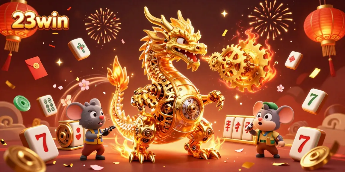 23win showcases a vibrant casino scene featuring a biomechanical dragon with gears, lucky symbols, and festive motifs.