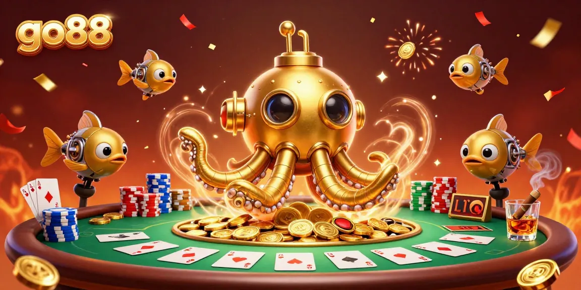 Experience thrilling gameplay at go88 with a vibrant illustration of the golden kraken submarine amidst poker chips.