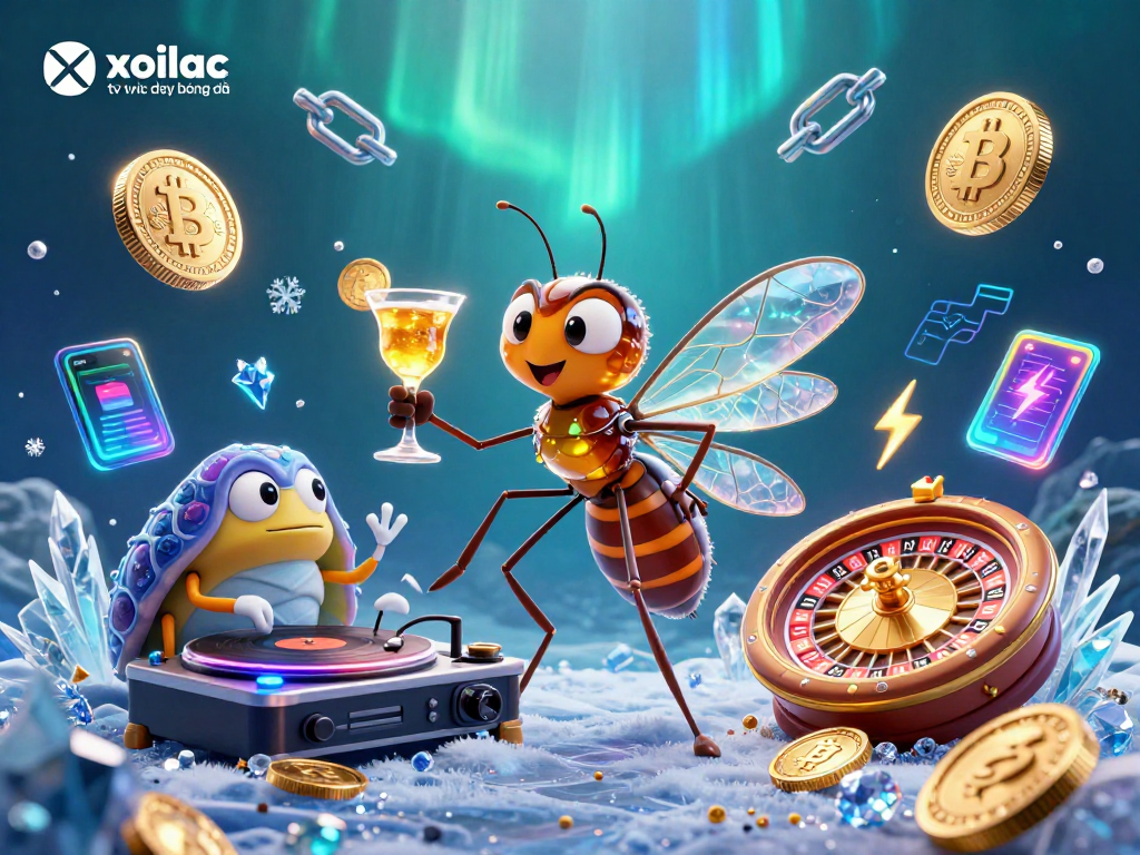 "Engage with xoilac tv trực tiếp bóng đá in this vibrant 3D illustration featuring animated casino characters and crypto elements."