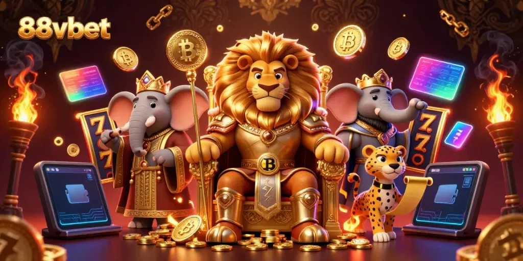 Experience thrilling jackpots with 88vbet featuring a lion king in a 3D live casino illustration.