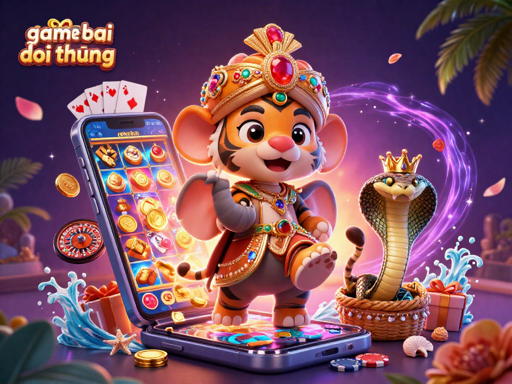Engage in game bai doi thuong with a vibrant scene of a majestic elephant, rich gaming elements, and a captivating environment.