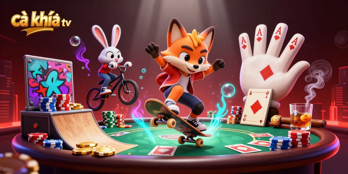 Cà khịa tv showcases an energetic scene with a skateboarder fox and BMX rabbit in a casino setting, capturing the thrill of gambling.