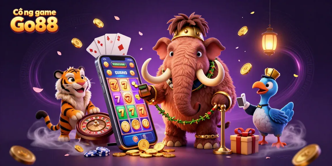Cổng game Go88 featuring a whimsical scene with a woolly mammoth bouncer, saber-tooth tiger guest, and dodo bird doorman amidst vibrant gaming elements.