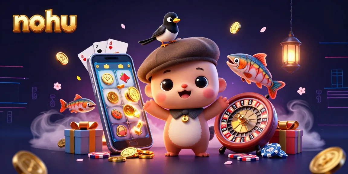 Engage with nohu slot games alongside cartoon baby Nessie and a playful magpie, featuring vibrant casino elements.