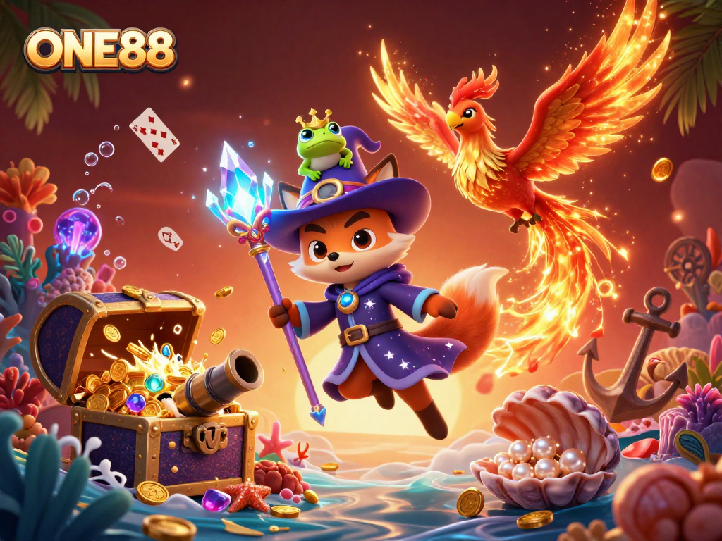 Engage in thrilling gameplay at ONE88, featuring vibrant wizard and phoenix characters amidst sparkling treasures.