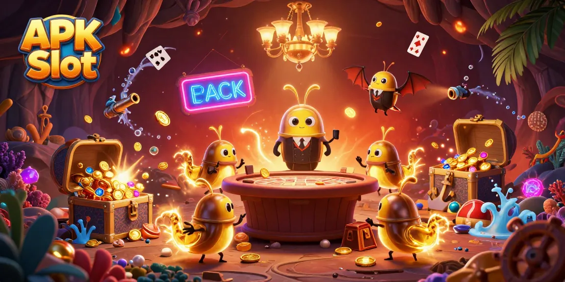 Experience the thrilling APK Slot adventures in a vibrant casino scene filled with bioluminescent glowworms and treasures.