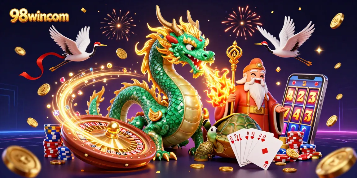Experience the exhilarating world of 98wincom with vibrant casino characters and elements in a dynamic scene.