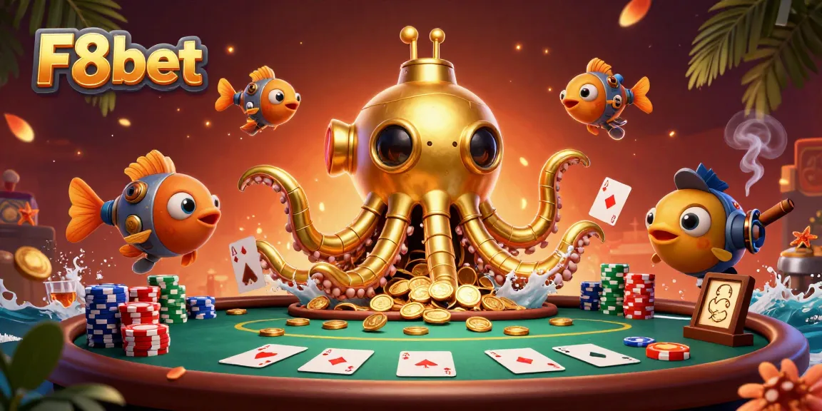 Engage in thrilling gameplay with F8bet's vibrant poker scene featuring a golden kraken and coins.